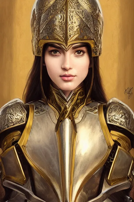 Image similar to attractive young female wearing an ornate metallic helmet, clothed in battle armor, olive skin, long dark hair, beautiful bone structure, symmetrical facial features, intricate, elegant, highly detailed, digital painting, trending on Artstation, concept art, smooth, sharp focus, illustration, art by artgerm and greg rutkowski and alphonse mucha