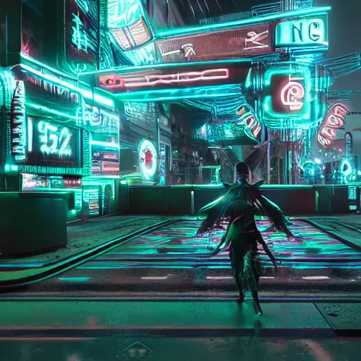 Image similar to shaman cyberpunk, shaman totems, shaman symbols, shaman architecture, neon billboards, neon lights, photorealistic, vfx, elegant, ultra sharp lines, 4 k, unreal engine 5, octane render, extreme contrast