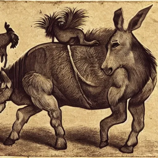 Image similar to an old donkey with an dog on its back with and a cat on its back and a rooster on its back, they are making music