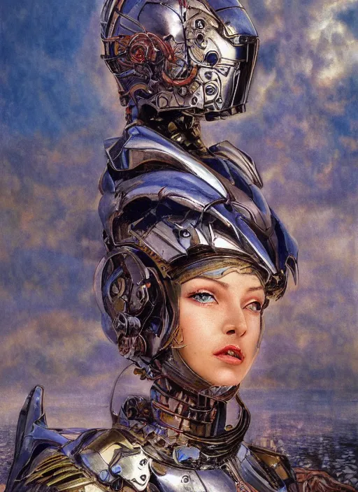 Image similar to biblical diabolical beautiful female valkyree android, slick mechanical metal armor, jump, heavy eyes to the side, closeup, bright glowing veins, in clouds, rain, sunset, portrait, by gerald brom, by mikhail vrubel, by peter elson, muted colors, extreme detail, reflections, trending on artstation, 8 k