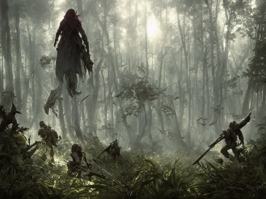 Prompt: stealthed assassins crossing empty forest, unreal engine 5, art by artgerm and greg rutkowski and alphonse mucha, global illumination, detailed and intricate environment, hyperrealistic, volumetric lighting, epic cinematic shot, perfectly defined features, ambient occlusion