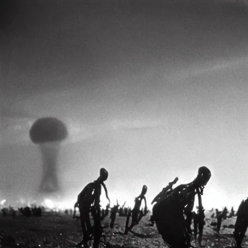 Prompt: real life irradiated undead 1950s nuclear wasteland black and white award winning photo highly detailed, highly in focus, highly life-like Arriflex 35 II, by stanley kubrick