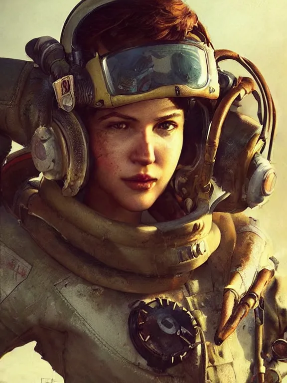 Image similar to portrait of a young pilot from fallout 4 wearing pilot gear, short brown hair, art by ryo shiotani and greg rutkowski, intricate, beautiful, cute, cinematic lighting