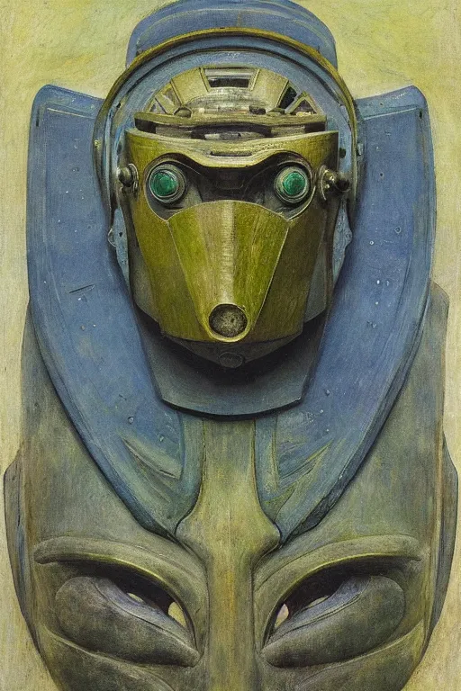 Image similar to the robot in his mechanical mask,by Annie Swynnerton and Diego Rivera, symbolist, dramatic lighting, elaborate geometric ornament, Art Brut, bioluminescent, soft blues and greens,smooth, sharp focus, extremely detailed, Adolf Wölfli