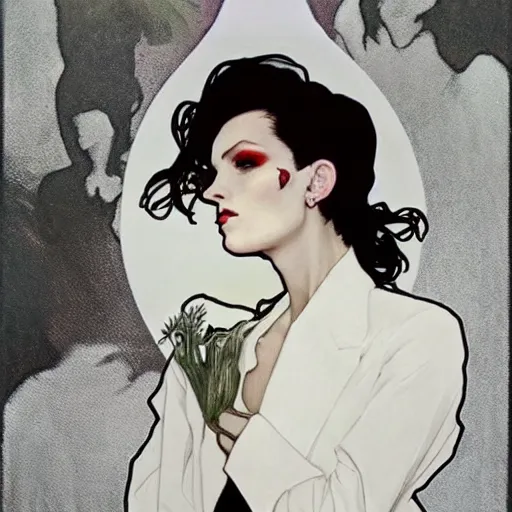 Image similar to comely portrait of androgynous ruby rose as desire from sandman in a white tuxedo!!!, rockabilly style,, by alphonse mucha, by jeremy mann, by peter lindbergh, dave mckean, by frank moth, white suit and black tie, soft lightning, high detailed, 8 k