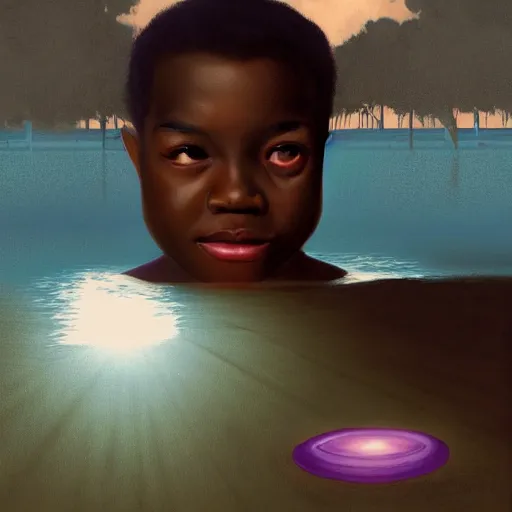 Prompt: a retro realistic illustration of a ghost!!! shining in a lake while a black kid! stares at it with a florest! in the background, realistic, volumetric light, detailed oilpainting by Pauline Baynes, trending on artstation.