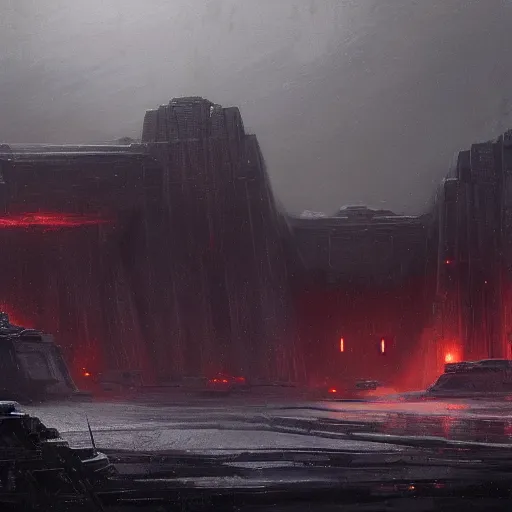 Prompt: star wars concept art by greg rutkowski, a brutalist - looking and imposing temple in the middle of a snowy, dark and hostile landscape, strong blizzards, poor lighting, evil atmosphere, artstation hq.