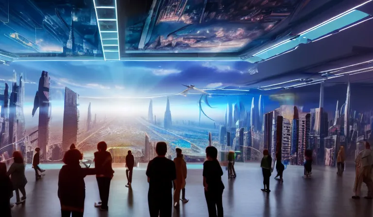 Image similar to crowd of people in large open museum, looking at hologram of futuristic city on a table, cinematic concept art, godrays, golden hour, natural sunlight, 4 k, clear details, tabletop model buildings, center model buildings, hologram center, crane shot, interior panorama