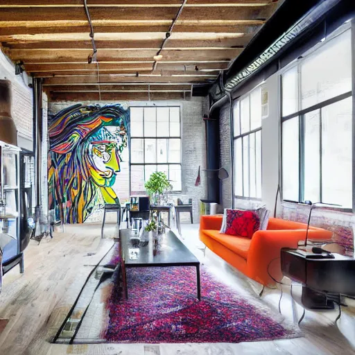 Image similar to trendy loft with modern murals on the wall, contemporary art and patterns, interior design, attractive architecture