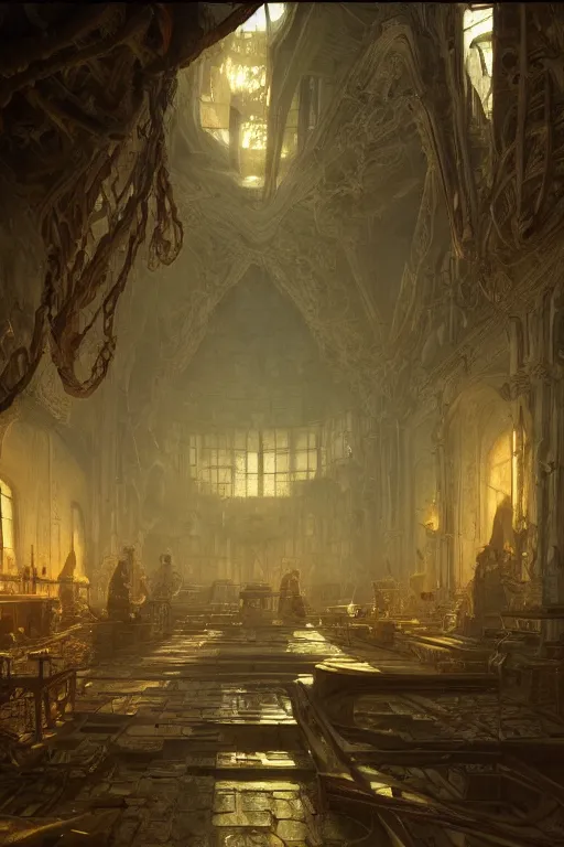Prompt: Detailed Interior Shot Of The Oriental Alchemist's Lab, lit by the light of gods, abandoned by gods, hyperdetailed artstation cgsociety by greg rutkowski and by Gustave Dore