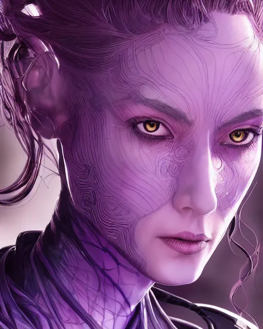 Image similar to close up portrait of a woman in smooth purple sci - fi armor, long black ponytail, elegant, intense, woman, an ultrafine hyperdetailed illustration by kim jung gi, irakli nadar, intricate linework, sharp focus, bright colors, octopath traveler, final fantasy, unreal engine 5, global illumination, radiant light