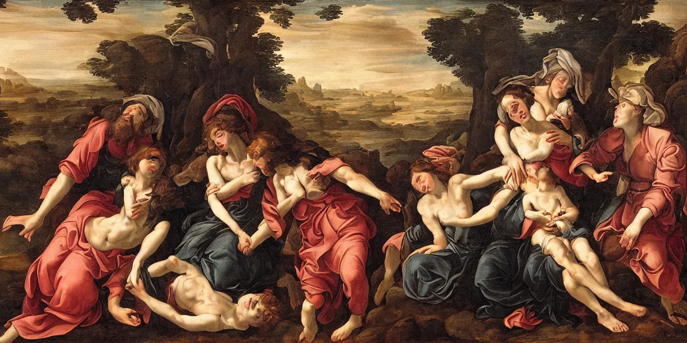 Image similar to an baroque painting of 3 maria's in a landscape crying at the death of christ