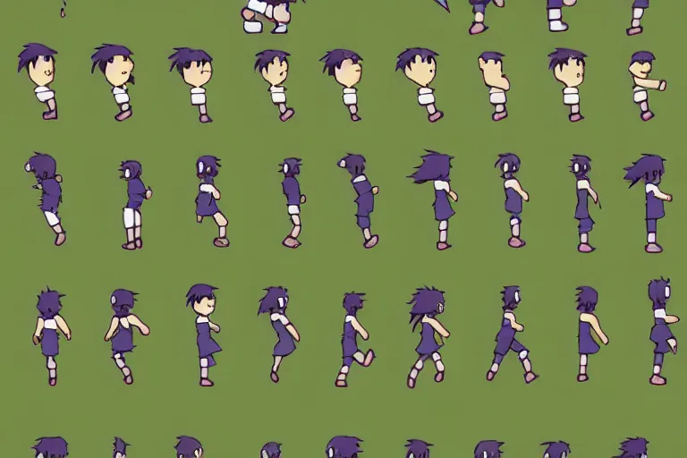 Image similar to a sprite sheet containing of a hero running by studio ghibli, side view, proportions, sprite sheet, running cycle, ready to model,