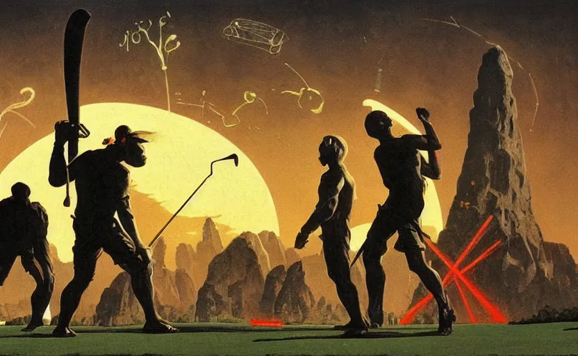 Image similar to aliens playing golf, surrounded by ancient monoliths with glowing runes. highly detailed science fiction painting by norman rockwell, frank frazetta, and syd mead. rich colors, high contrast, gloomy atmosphere, dark background. trending on artstation