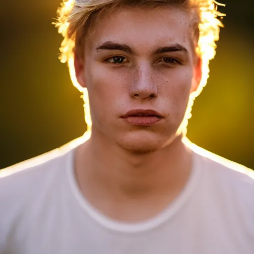 Prompt: bokeh 100mm Canon photograph of a young man with freckles and blonde hair, staring into the camera with the sun setting behind him, studio photograph