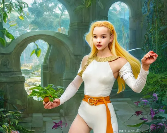 Image similar to dove cameron as marle from chrono trigger with orange - blonde ponytail and wearing middle eastern white jumpsuit with gold belt, casting ice magic, green plants, intricate, elegant, highly detailed, digital painting, artstaion, concept art, smooth, sharp, focus, illustration, art by artgerm and greg rutkowski and alphonse mucha