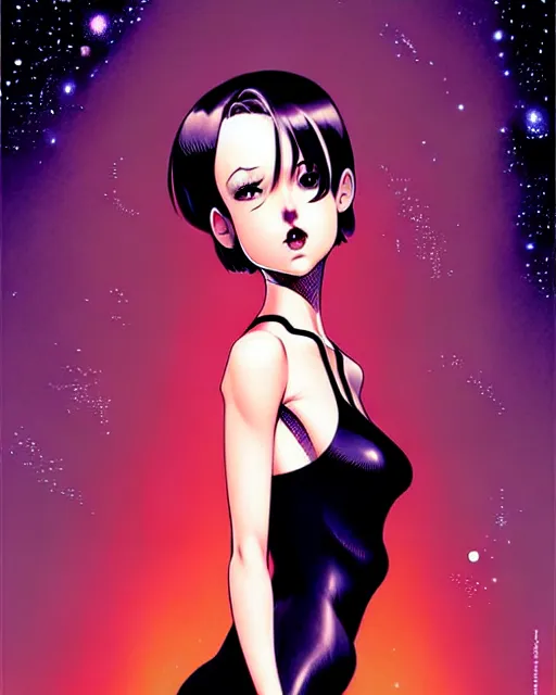 Prompt: portrait of an attractive young woman with amazing short hair wearing a short tight black dress think about the galaxy, art by Range Murata and Artgerm.
