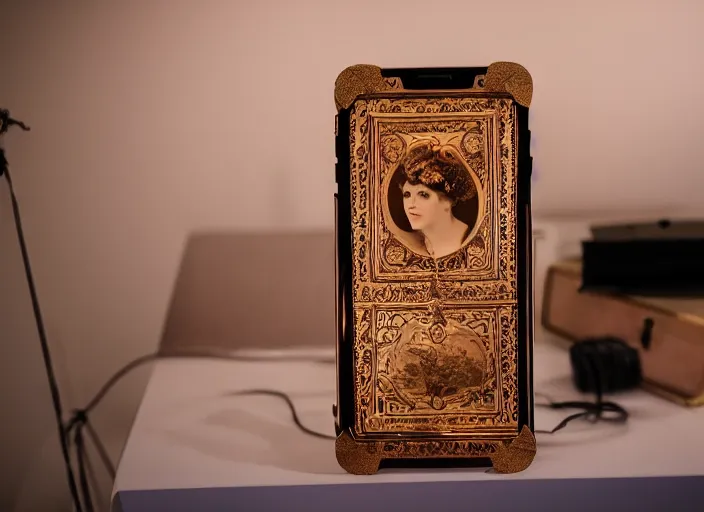 Image similar to photo still of an iphone with decoration from the year 1 9 0 1, in a room from 1 9 0 1, 8 k, studio lighting bright ambient lighting key light, 8 5 mm f 1. 8