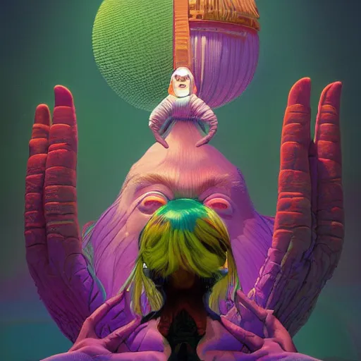 Image similar to colourful breathtakingly weird beautiful powerful magical wonderfully majestic beautifully cool character by michael whelan, moebius, beeple, dan mcpharlin, pascal blanche, jamie hewlett, richard dadd, symmetrical, serene expression, 8 k artstation