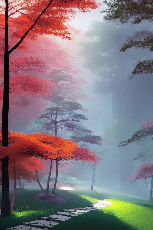 Image similar to Japanese Torii in a colorful moutain with trees ,morning , by Grzegorz Rutkowski, concept art