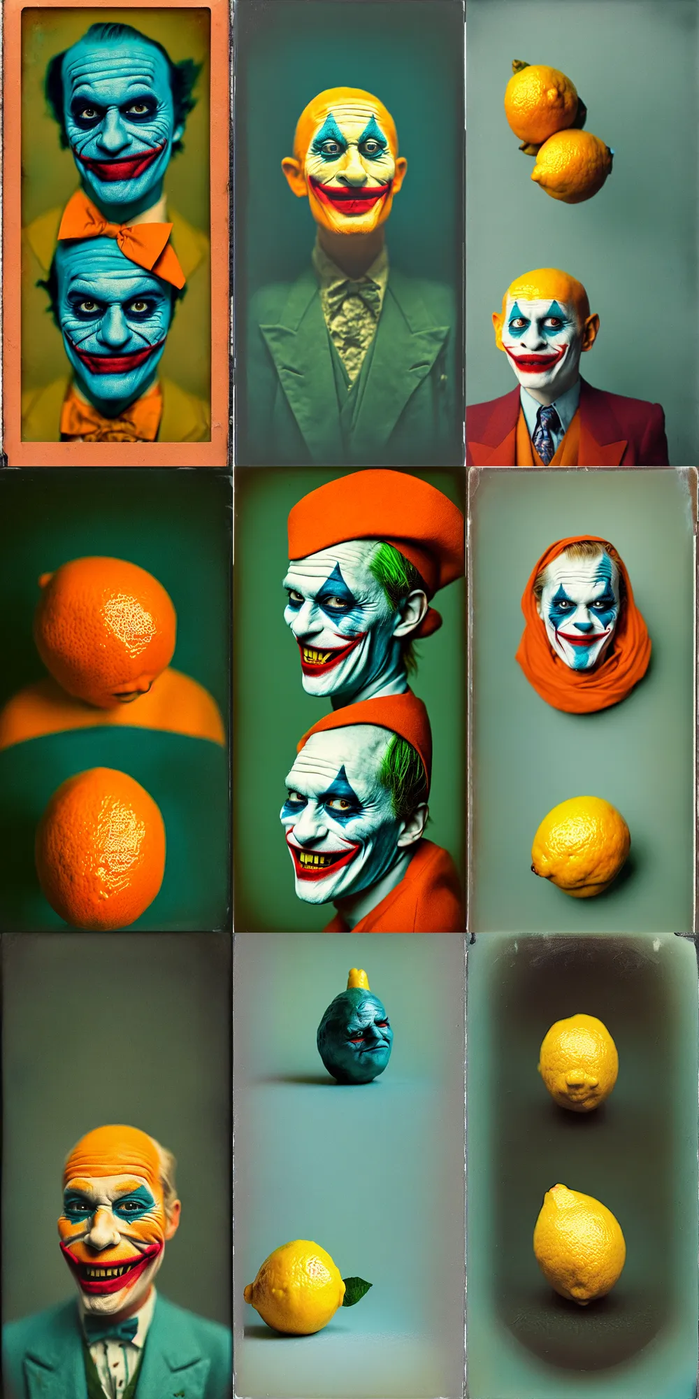 Image similar to kodak portra 4 0 0, wetplate, 8 k, shot of a highly detailed, britt marling style, colour still - life portrait of a lemon looks like 1 9 9 9 joker, teal and orange, muted coloures