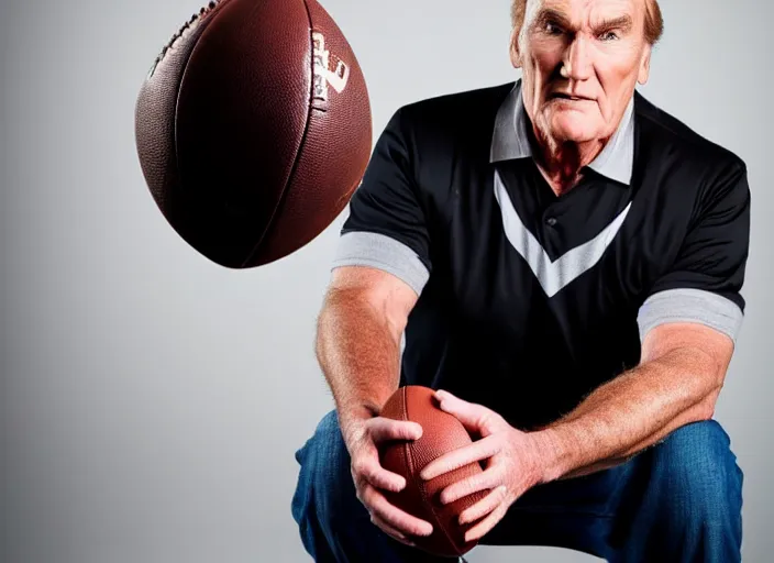 Image similar to studio portrait photo still of craig t nelson!!!!!!!! at age 3 3 years old 3 3 years of age!!!!!!! holding a football, 8 k, 8 5 mm f 1. 8, studio lighting, rim light, right side key light