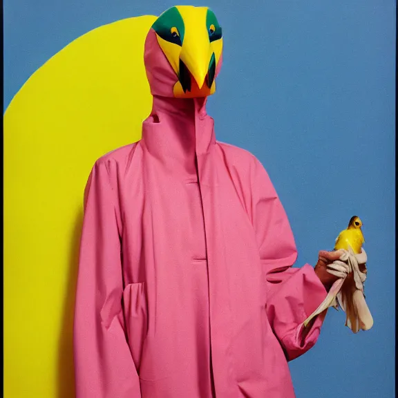 Prompt: model in plastic bird mask wearing baggy colorful 9 0 s jacket by rick owens. pastel brutalist background. frank frazetta. 7 0 s movie poster.