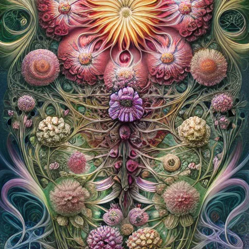 Image similar to an ultra hd detailed painting of many different types of flowers by Android Jones, Earnst Haeckel, James Jean. behance contest winner, generative art, Baroque, intricate patterns, fractalism