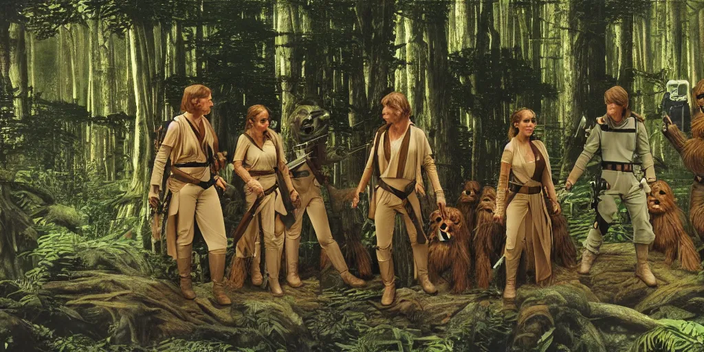 Image similar to luke skywalker, princess leia and han solo meet the ewoks in the forest of endor, in return of the jedi, a masterful painting by sandro botticelli, 4 k