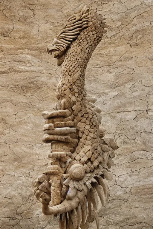 Prompt: epic and dramatic view of quetzalcoatl sculpture made in travertine marble showing scams in his full body, realistic and ultra detailed, 8 k