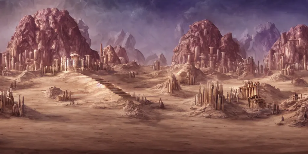 Image similar to a temple city surrounded by white salt desert dunes, merchants, colorful, matte oil painting, chrome cathedrals, retrofuturistic, concept art, science fantasy, mutant, lgbt, rpg, epic, rust, salt, jungle, dungeons & dragons, sharp focus, award - winning, extremely detailed, 4 k, 8 k