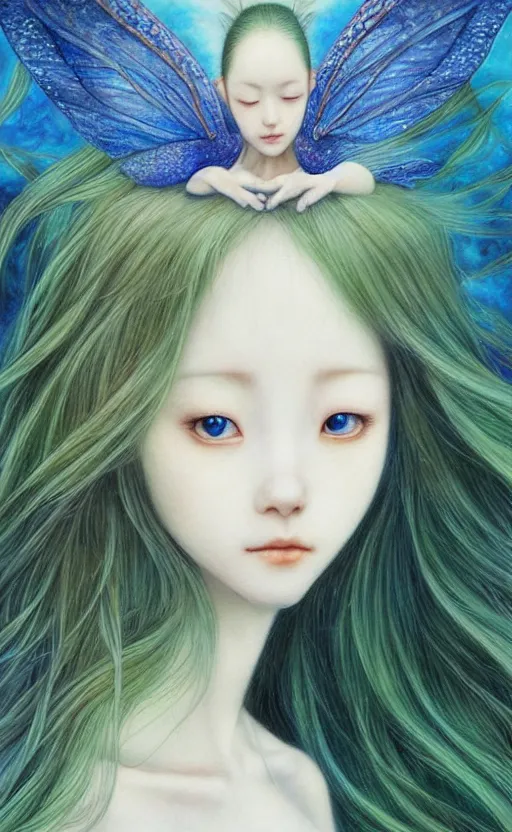 Image similar to breathtaking Portrait fairy by Miho Hirano, realistic, detailed, blue, green tonalities, beautiful collage technique including birds, CAT, ornate background, beautiful Fantasy detailed trending on artstation, oil painting, Dramatic lighting, eterea , high quality print, fine art with subtle redshift rendering