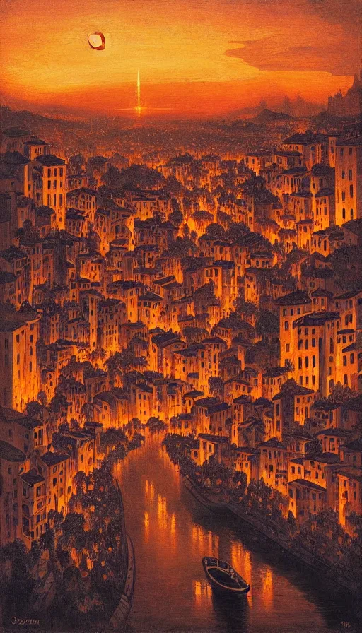 Image similar to The starlit city of wisdom and dreams at sunset, italian futurism, da vinci, Josan Gonzalez