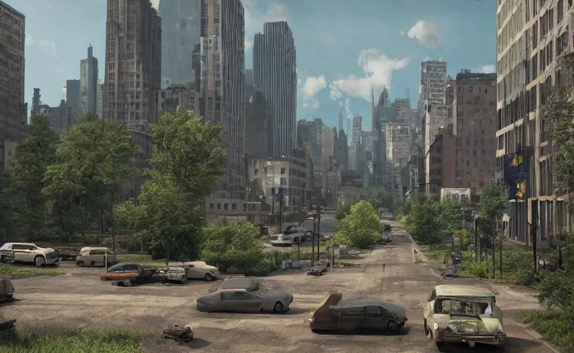 Prompt: manhattan reclaimed by nature, a photorealistic painting by gregory crewdson, cgsociety, playstation 5 screenshot, matte painting, cryengine