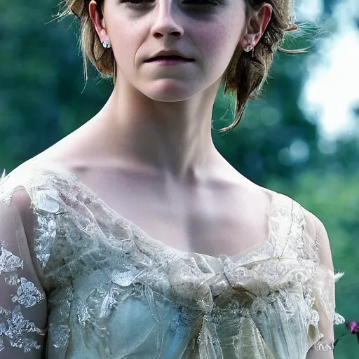 Prompt: Emma Watson wearing a classical dress, looking at the camera, setting in nature, outside, medium shot, highly detailed, sharp focus, cinematic lighting, HD, 8K, award winning photography