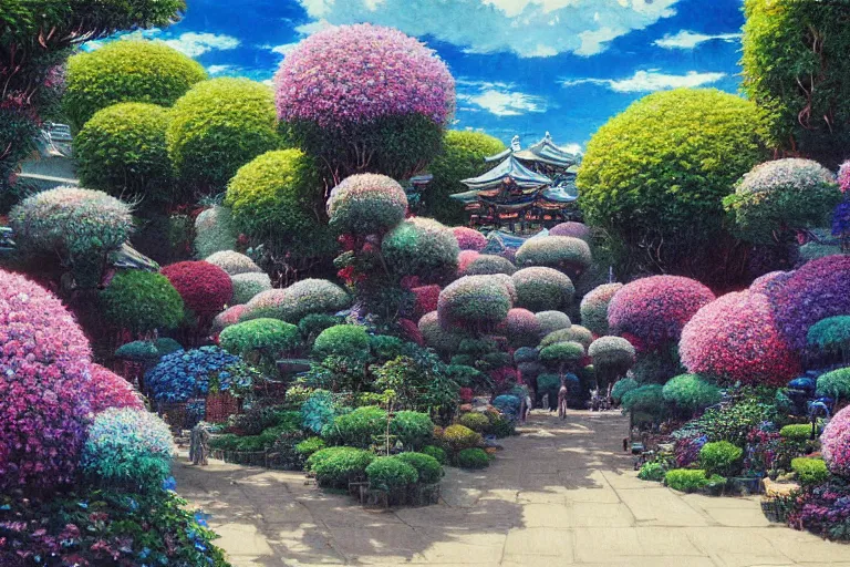 Image similar to oil painting, super - detailed scene spirited away, cyberpunk garden, agbogbloshie, indigo blooming flowers garden, japanese sci - fi books art, artwork by jean giraud, hd, 4 k, high quality