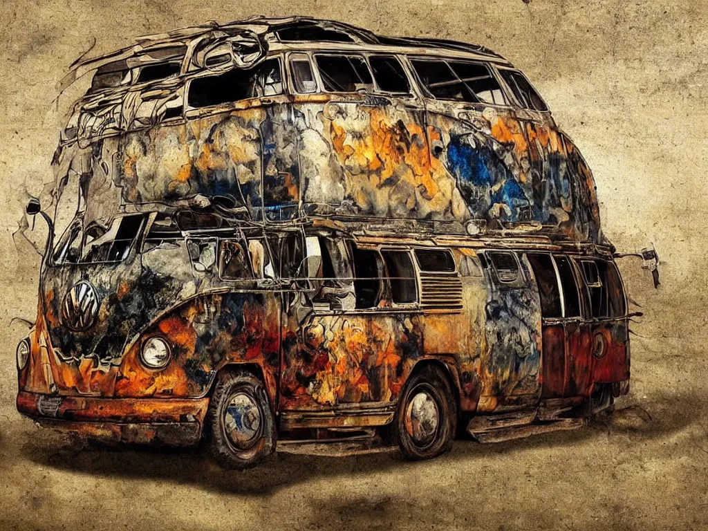 Image similar to oil painted vw bus from leonardo da vinci