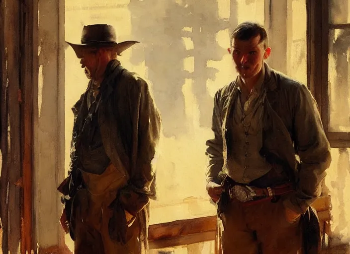 Image similar to oil watercolor painting of young rugged guy in western bar, shaven stubble, short hair, mysterious light, art by anders zorn, wonderful masterpiece by greg rutkowski, beautiful cinematic light, american romanticism by greg manchess, creation by tyler edlin