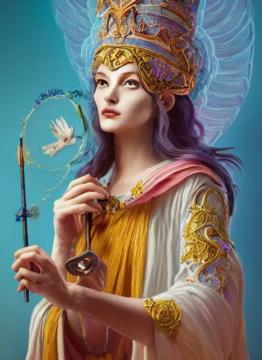 Image similar to an anthropomorphic beautiful goddess female wizard made of angel portrait holding a staff wearing colourful robe, fine art, award winning, intricate, elegant, sharp focus, octane render, hyperrealistic, cinematic lighting, highly detailed, digital painting, 8 k concept art, art by jamie hewlett and z. w. gu, masterpiece, trending on artstation, 8 k