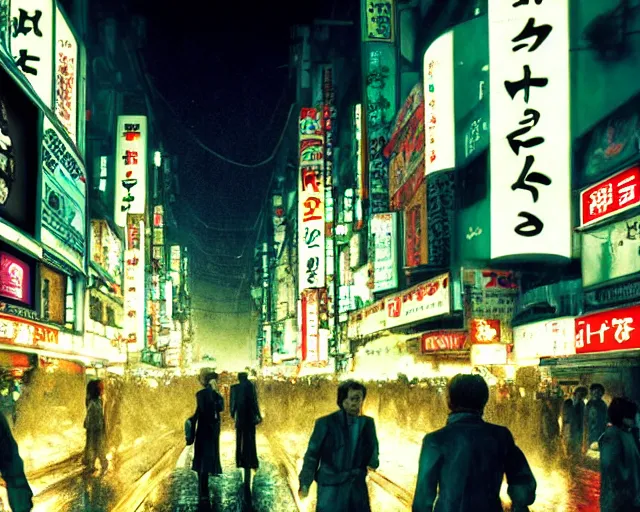 Prompt: crowded tokyo street at night, the animatrix, atmospheric, cinematic composition, 8 k, cinematic lighting, blade runner