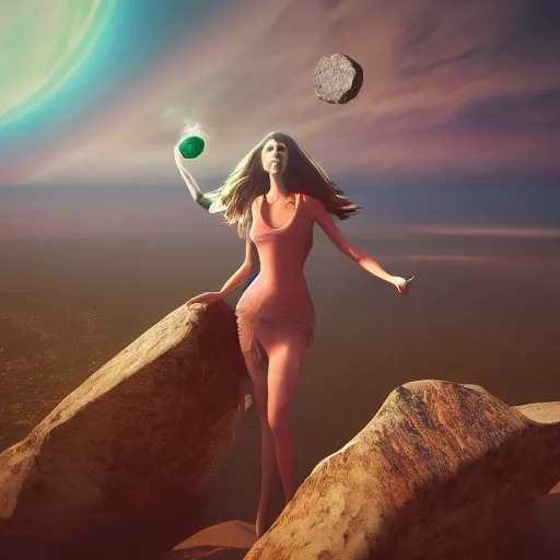 Image similar to A beautiful woman with long, flowy hair standing on a rock, witnessing two planets colliding in space. trending on artstation, artstation futurism, artstation photography, subsurface scattering, bottom view, 4k, 8k