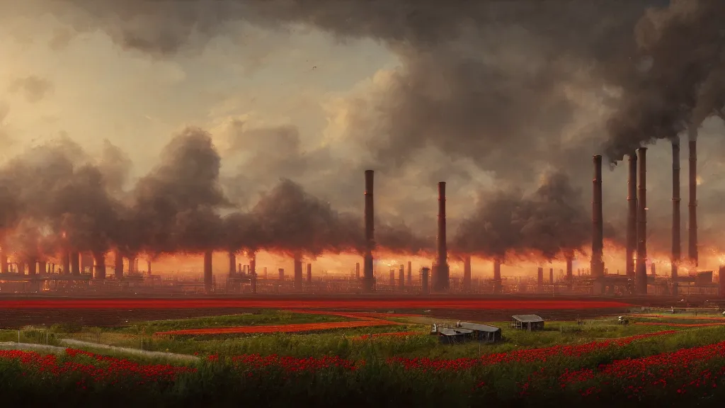 Prompt: super wide, big scene, a beautiful painting of a factory with smoking chimneys, red rose fields, dark style, little roses, very detailed, soft light effect, by thomas wrede and greg rutkowski and thomas heatherwick, 4 k hd, trending on artstation ， ultrawide viewn and highly detailed