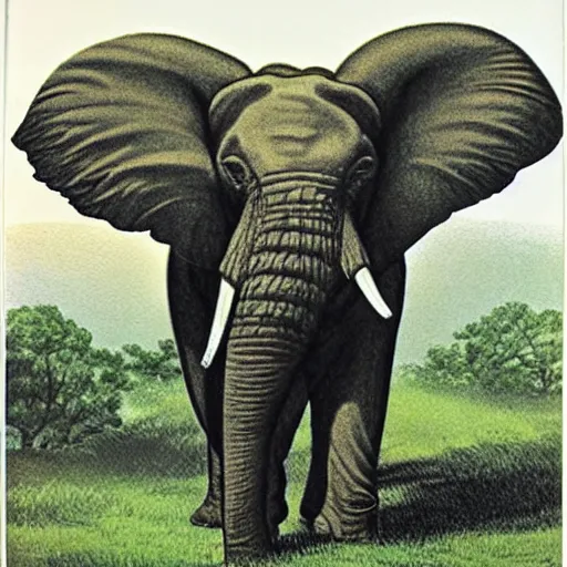 Image similar to Portrait of an elephant on a green meadow, Book for elementary school students, style Franklin Booth