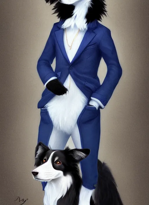 Image similar to full body digital painting of a cute male anthropomorphic border collie fursona wearing a blue dog collar and black jacket and standing outside, furaffinity, intricate, elegant, beautiful, realistic proportions, highly detailed, scenic background, trending on artstation, art by charlie bowater and henry asencio and and ross tran