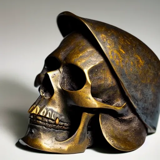 Image similar to detailed photo of an old bronze patina statue of a skull with a samurai hat, intricate detail, museum lighting