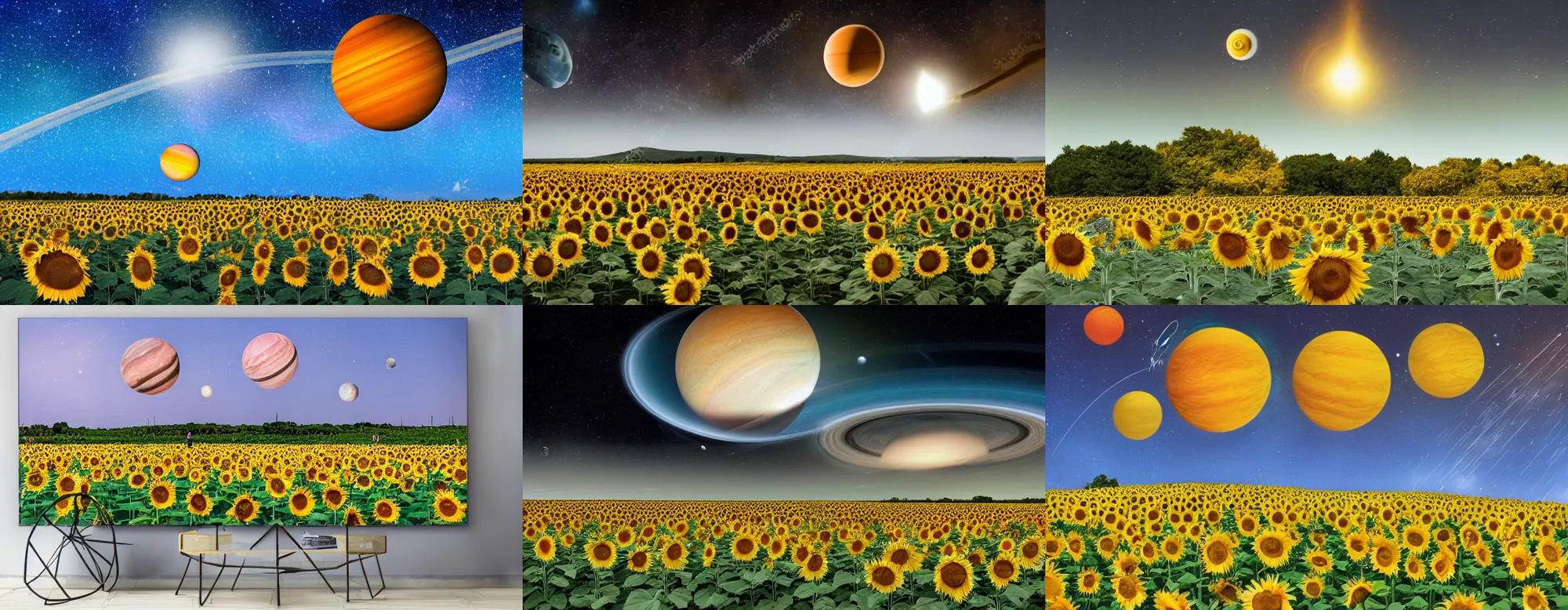 Prompt: Field of sunflowers with the planet Saturn in sky above