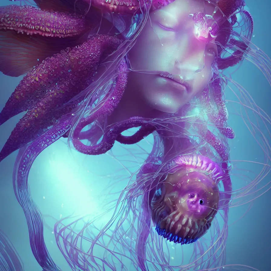 Image similar to goddess close-up portrait. orchid jellyfish phoenix head, nautilus, skull, betta fish, bioluminiscent creatures, intricate artwork by Tooth Wu and wlop and beeple. octane render, trending on artstation, greg rutkowski very coherent symmetrical artwork. cinematic, hyper realism, high detail, octane render, 8k