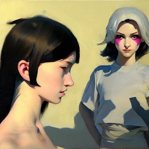 Image similar to greg manchess portrait painting of white pale skinny young girl 1 8 with long black hime haircut as overwatch character, and two cats beside, medium shot, asymmetrical, profile picture, organic painting, sunny day, matte painting, bold shapes, hard edges, street art, trending on artstation, by huang guangjian and gil elvgren and sachin teng