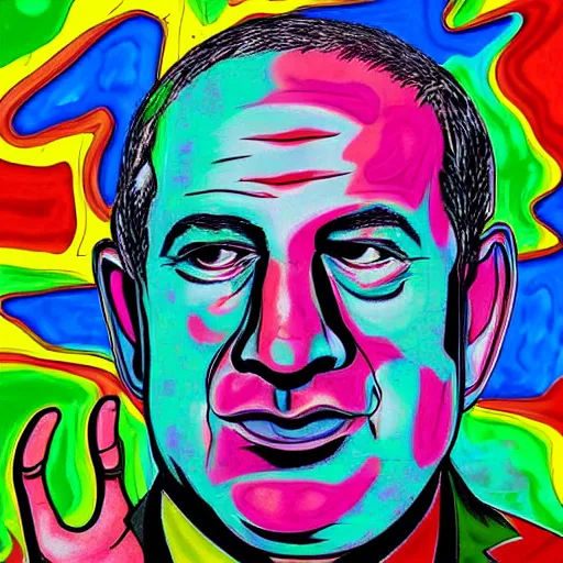 Image similar to portrait of benjamin netanyahu hallucinating on acid, psychedelic colors, sharp focus
