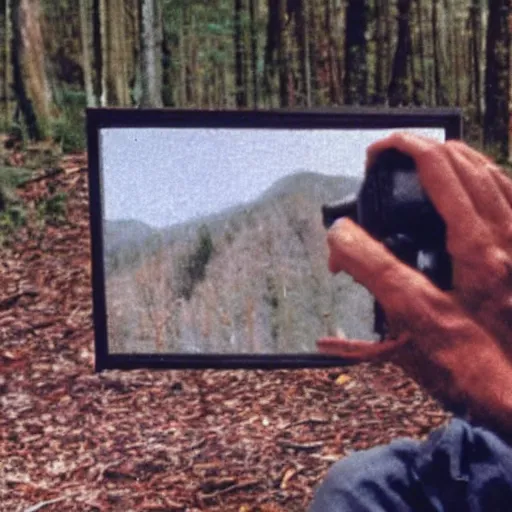 Image similar to a screen capture of found footage video left behind by a missing hiker in 1 9 8 6